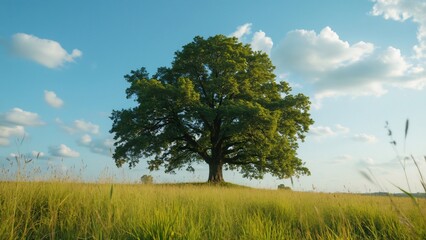 Fototapeta premium Majestic Oak Tree in Summer Field, A Stunning Photograph of a solitary oak tree standing tall in a vibrant green field under a beautiful blue sky with fluffy white clouds. Perfect for