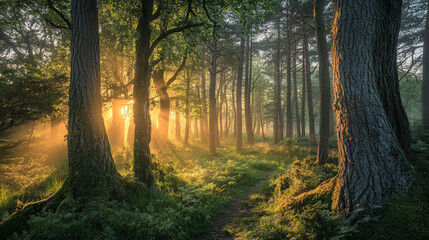 Obraz premium Sunlight streaming through trees in a serene forest at dawn