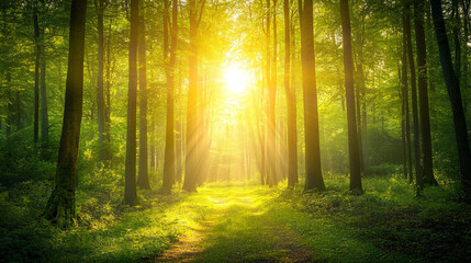 Obraz premium Sunlight filters through trees in a lush forest during a tranquil morning