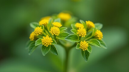 Macro Close-up of Vibrant Yellow Tansy Flowers and Lush Green Leaves, Aromatic Medicinal Herb with Blurred Background