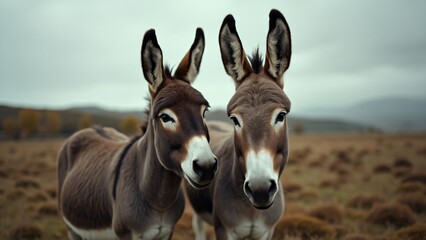 Close-up Cinematic Portrait, Two Donkeys in an Overcast Field