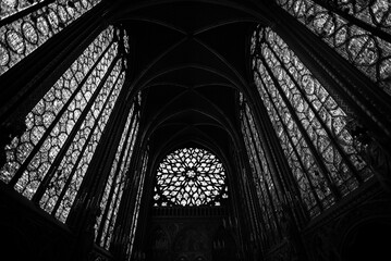 The Interior of Sainte Chapelle’s Gothic Architecture in Monochrome - Paris, France
