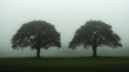 Obraz premium Misty morning reveals two silhouetted trees in a tranquil landscape