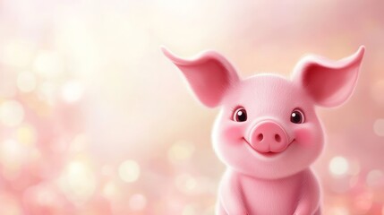 Adorable pink piglet baby with big eye on pink background