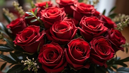 Obraz premium Stunning Aerial View of a Luxurious Red Rose Bouquet, Perfect for Valentine's, Anniversary, or Romantic Celebrations