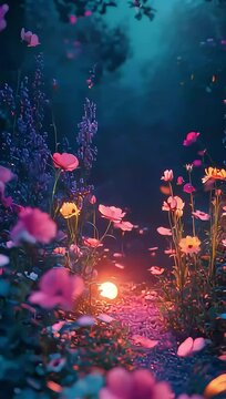 fancy and dream world, glowing flowers and plants in dark forest at night, with glowworm or fireworm flying. 4k, high Mbps, 60fps