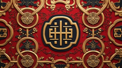 Intricate Gold And Black Asian Design On Red Background