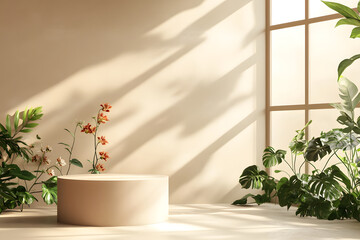 Fototapeta premium A serene interior space with a circular pedestal and lush greenery, illuminated by sunlight.