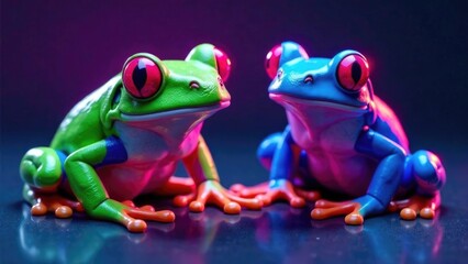 Obraz premium green frog with pink glasses purple shade in neon light, free space for text from the right