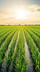 Lush green rice field under a bright sky at sunset.
