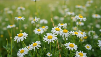 Fototapeta premium Close-up of Delicate White Daisies in a Lush Green Field, Blooming Chamomile Flowers, Vibrant Spring Meadow, Nature Photography, Beautiful Floral Background, Idyllic Summer Scene,