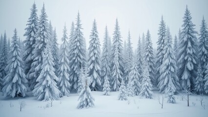 Fototapeta premium Majestic Arctic Forest, Snow-Covered Trees in a Winter Wonderland, Wide Shot Photorealistic Image