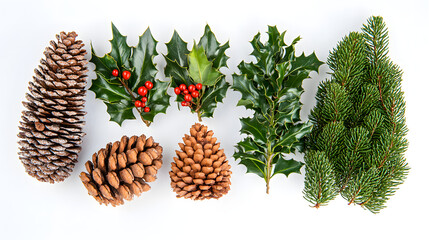 Fototapeta premium A festive arrangement of pine cones, holly sprigs with red berries, and fir branches on a white background. Perfect for Christmas and winter holiday designs.