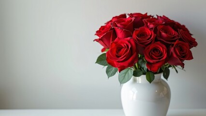 Fototapeta premium Elegant Bouquet of Deep Red Roses in a White Vase, Romantic Valentine's Day Flowers, Perfect for Anniversary or Special Occasion