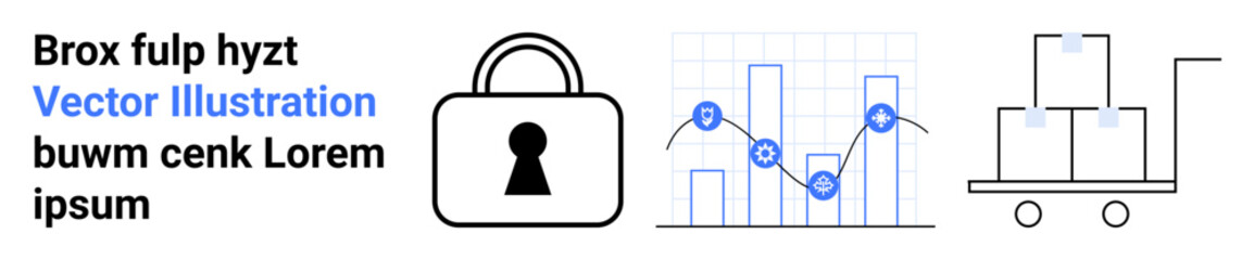 Padlock symbol for security, a line graph with data points for analytics, and a cart with boxes representing logistics. Ideal for presentation themes of cybersecurity, data analysis, logistics
