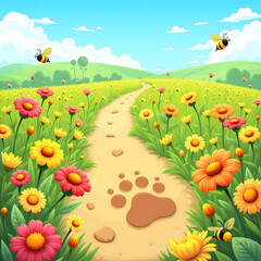 Fototapeta premium Cartoonish bear paw print in a colorful flower field on a sunny day, whimsical digital art