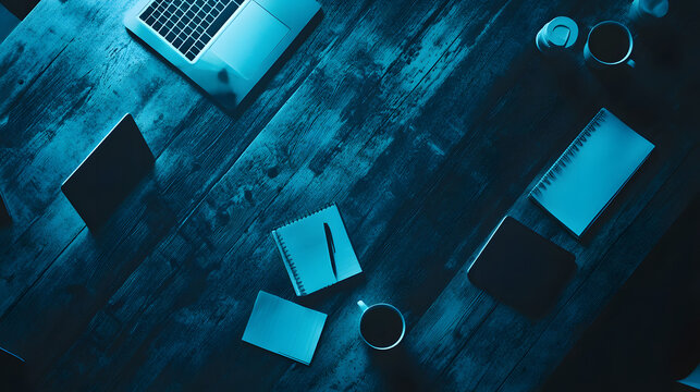 Overhead shot of a dark blue toned workspace featuring a laptop, notebooks, tablets, pens, and coffee mugs on a wooden table. Perfect for themes of business, technology, or late-night work.