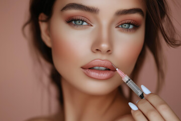 woman's lips receiving a Beauty Facial skin injection. Concept of cosmetic enhancement, beauty treatment, medical procedure, and dermatology