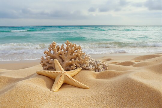 Serene Sandy Beach with Starfish and Coral Against a Calm Ocean Background