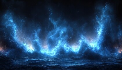 Fototapeta premium Blue glow over dark water with waves. Perfect for fantasy or sci-fi themed projects.