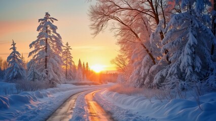 Stunning Winter Sunset Landscape, Snow-Covered Road and Majestic Trees in Russian Nature