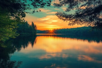 Obraz premium Serene sunset over a tranquil lake surrounded by lush trees.