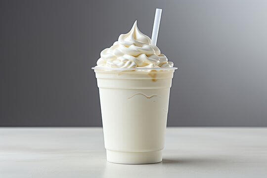 Creamy milkshake in a plastic cup with whipped cream and straw.