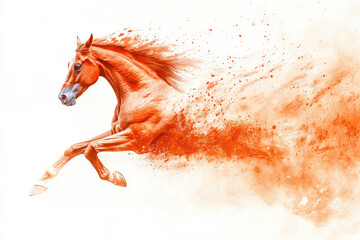 Dynamic illustration of a galloping horse blending into a vibrant, abstract splash of orange hues, symbolizing energy and movement on a white background.