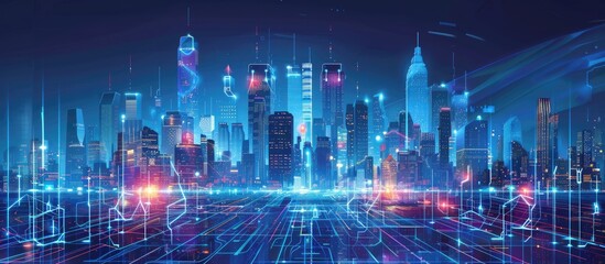 Fototapeta premium Cyberpunk Cityscape with Glowing Towers and Digital Network