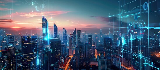 Obraz premium Cityscape with Futuristic Digital Overlay