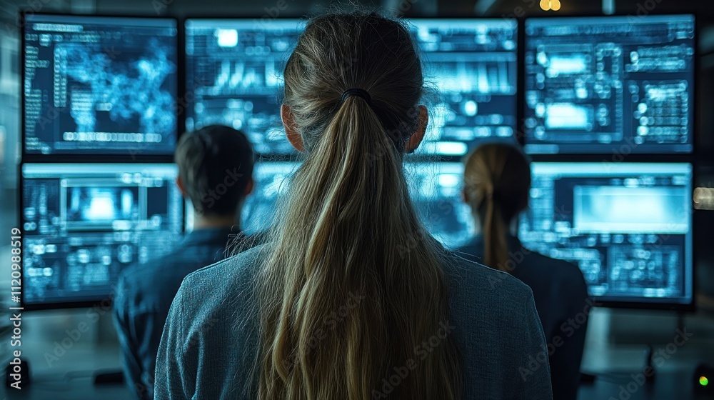 Poster individuals analyzing data on multiple screens in a tech setting