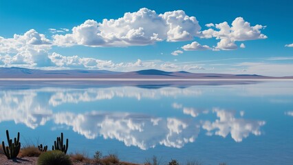 Obraz premium Stunning Panoramic View of Uyuni Salt Flat, Serene Reflection of Sky and Clouds in High Resolution