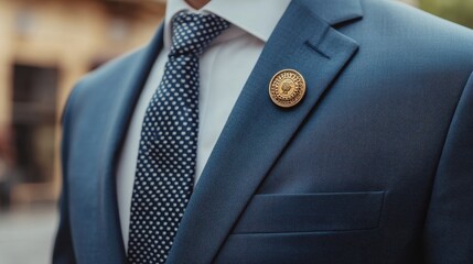 Close-up of navy suit jacket with gold pin, polka dot tie. Illustrates formal attire, success, and sophisticated style.
