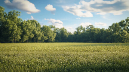 Obraz premium Lush green field under a clear blue sky with fluffy clouds and trees in the background