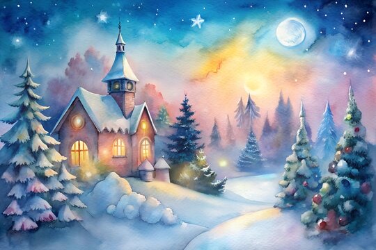 Watercolor_Christmas card with the image of an old church in a winter forest, night, starry sky and full moon.