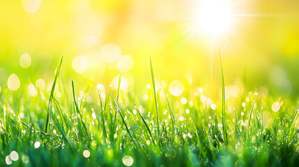 Obraz premium Vibrant green grass glistens with morning dew under the warm sunlight. A bokeh effect adds a dreamy, nature-filled scene, perfect for spring or summer themes.