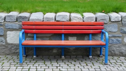 Colorful Wooden Park Bench Against Stone Wall, Red, Blue, Minimalist Outdoor Seating