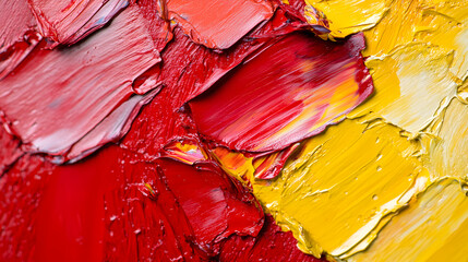 Close-up of vibrant red and yellow oil paint texture. Thick, impasto brushstrokes create a dynamic,...