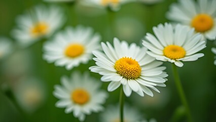 Close-up of Spring Daisies, White Petals, Yellow Centers, Green Background, Warmth and Love Symbolism