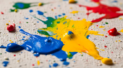 Close-up of vibrant red, yellow, blue, and green paint splatters on a textured canvas.  The colors blend and merge creating an abstract artwork.