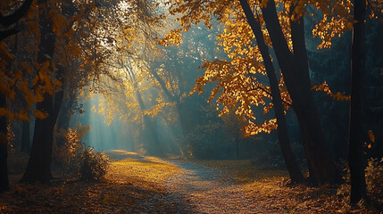 Obraz premium Sunlight streaming through autumn trees along a serene forest path