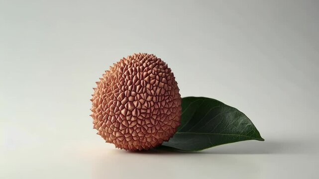 Vibrant lychee fruit resting on a green leaf against a minimalist background