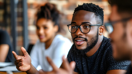 A young Black man with glasses passionately speaks during a meeting, engaging with colleagues in a lively discussion. The focus is on his expressive face and hand gestures.