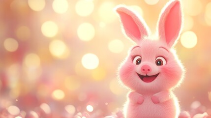 Pink bunny illustration smiling in isolated blurred background, cute pink baby pig