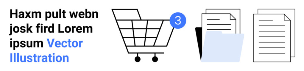 Shopping cart, blue notification badge with the number 3, stack of documents, and a folder. Ideal for e-commerce, data management, digital organization, office tools, online services, productivity