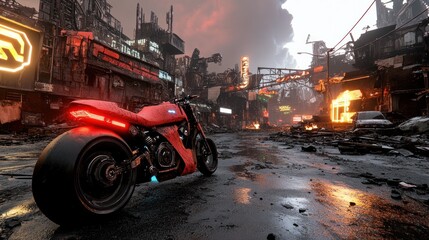Obraz premium Futuristic motorcycle in a dystopian urban landscape 