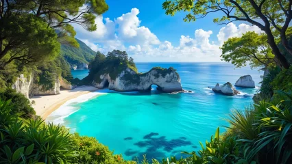 Selbstklebende Fototapeten Stunning Panoramic View of Cathedral Cove, New Zealand, Turquoise Water, White Cliffs, and Lush Green Forest © RABBI