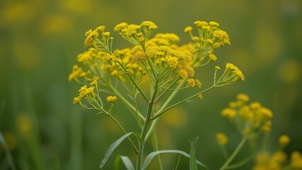 Stunning Goldenrod Wildflower Close-Up, Vibrant Yellow and Green Hues in a Lush Meadow, Detailed Botanical Photography