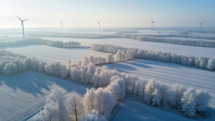 Panoramic Aerial View, Frosty South Vorst Landscape, Netherlands - Winter Wonderland with Wind Turbines
