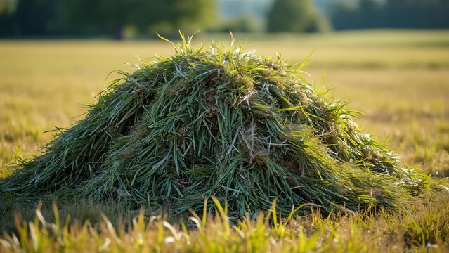 Close-up of Freshly Cut Green Hay Pile in Field, Rural Landscape, Agriculture, Animal Feed, Straw, Harvesting